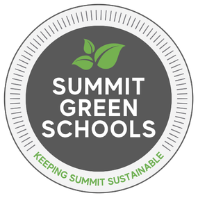 Summit Green Schools logo. Graphic of circle with a three leaf green plant at top. Words "Summit Green Schools" inside the circle below plant. "Keeping Summit Sustainable" in an arch at the bottom.