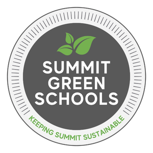 Summit Green Schools logo. Graphic of circle with a three leaf green plant at top. Words "Summit Green Schools" inside the circle below plant. "Keeping Summit Sustainable" in an arch at the bottom.