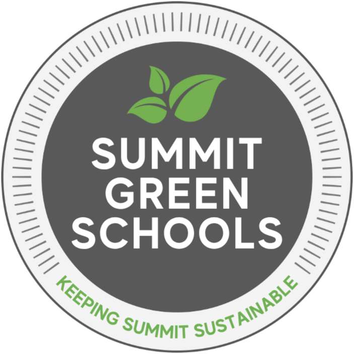 Summit Green Schools logo. Graphic of circle with a three leaf green plant at top. Words "Summit Green Schools" inside the circle below plant. "Keeping Summit Sustainable" in an arch at the bottom.